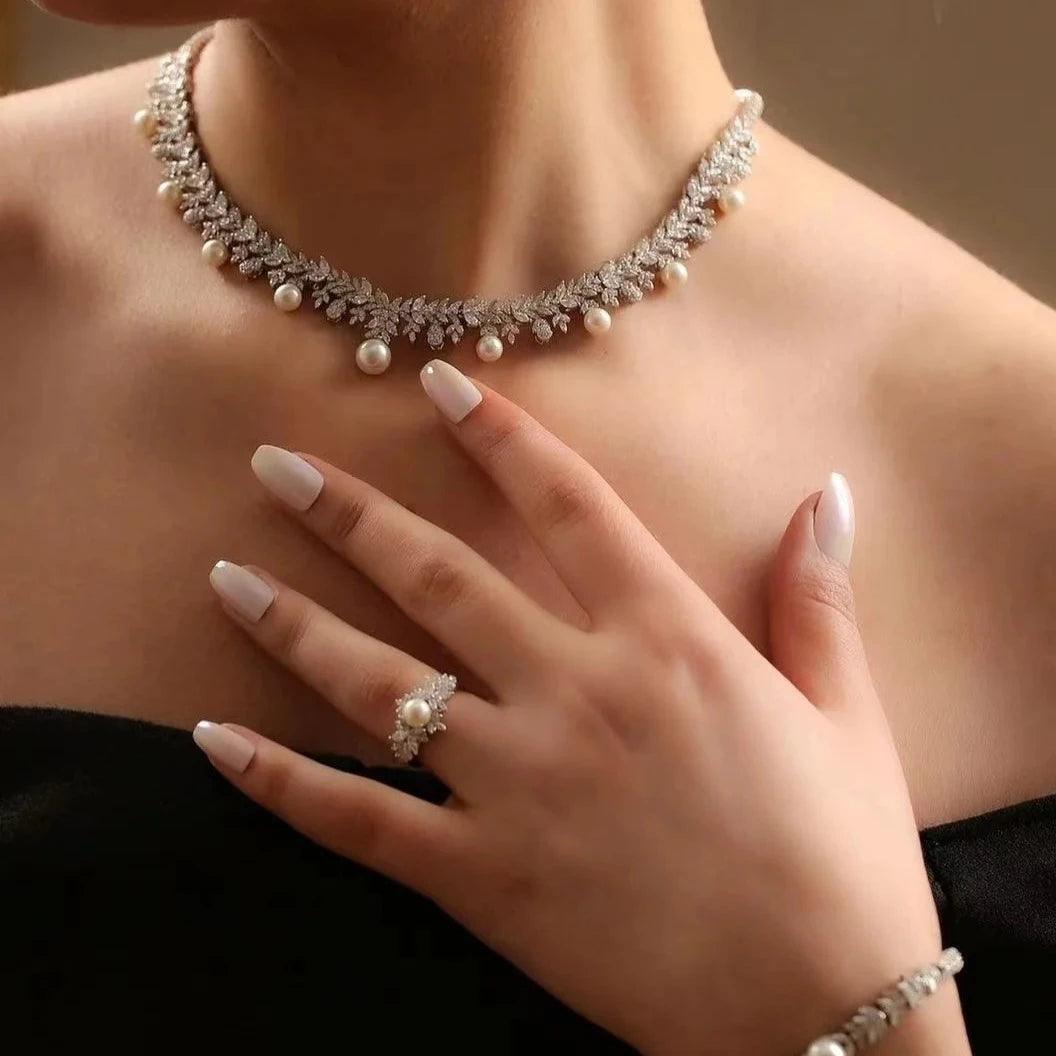 4-Piece Cubic Zirconia and Pearl Jewelry Set - Perfect for Weddings, Parties, and Dubai Bridal Looks