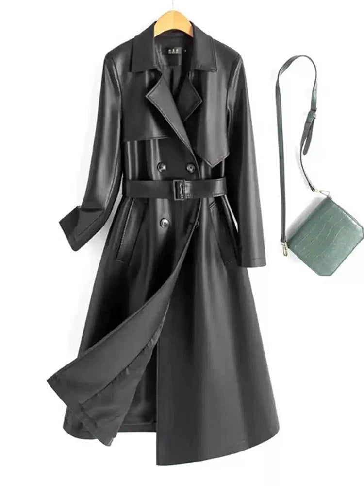 New Women Spring Autumn Split Leather Coat Fashion Turn-down Collar Double Breasted Leather Trench Elegant Long Female Coat