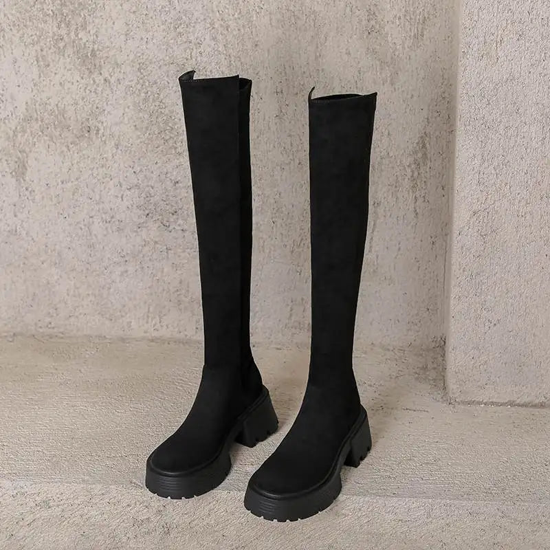Flock Stretch Over-the-Knee Boots – Slip-On, Round Toe, Chunky High Heels, Elegant Modern Platform Style