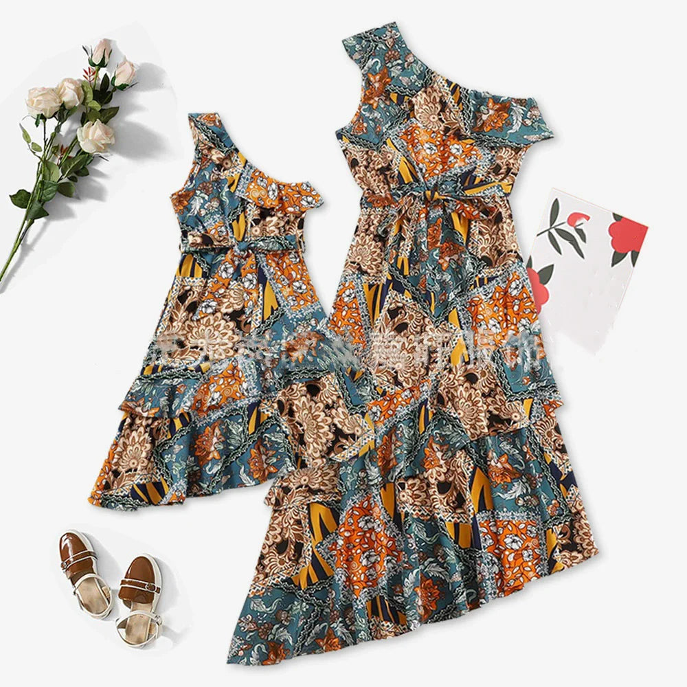 Vintage Mom and Daughter Matching Summer Dress Set – Casual Beach Family Outfits for Women & Girls