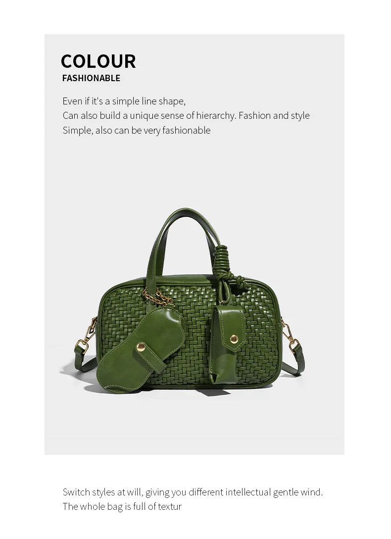 Women's Boston Bag 2025 Fall Winter New Woven Bowling Bag Unique Design Handheld Pack Trendy Light Luxury PU Leather Handbag