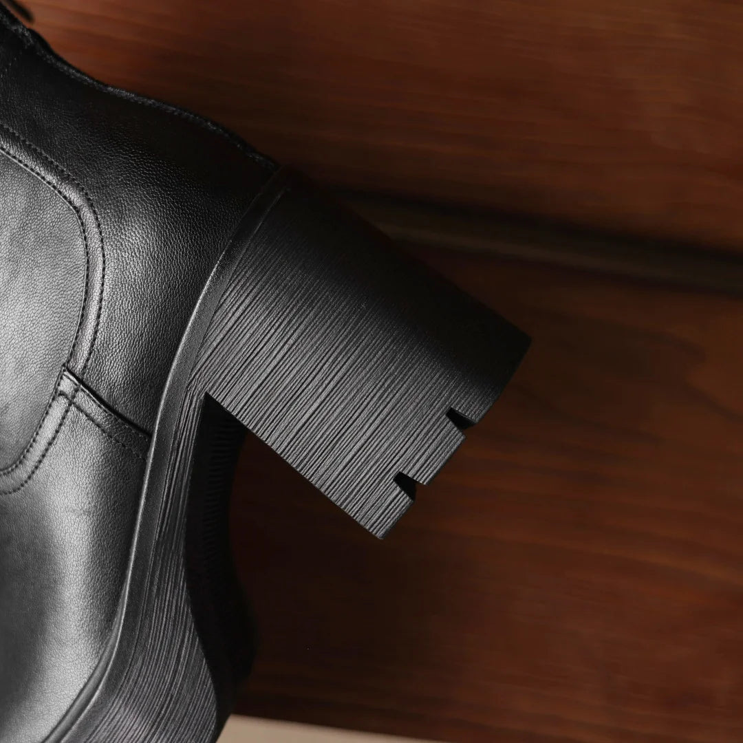 Women’s Genuine Leather Platform Ankle Boots with Chunky Heel – Round Toe Back Zip Punk Booties (8.5cm)