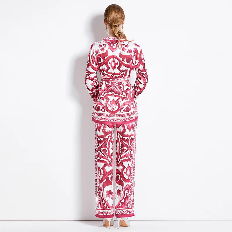 Autumn Women’s Porcelain Print Pantsuit – Red, Blue & White Notched Blouse with Belt + Wide-Leg Trousers Set