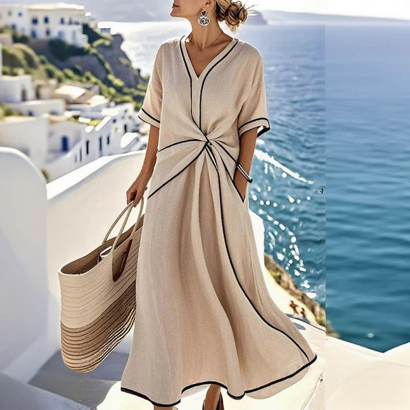 Elegant Striped Print V-Neck Maxi Dress – Short Sleeve Boho Casual Apricot / S