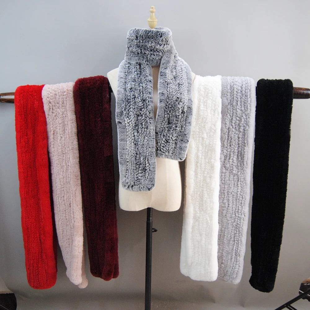 Long Style Genuine Rex Rabbit Fur Scarf– Women's Winter Knitted Ring Scarf & Luxury Muffler