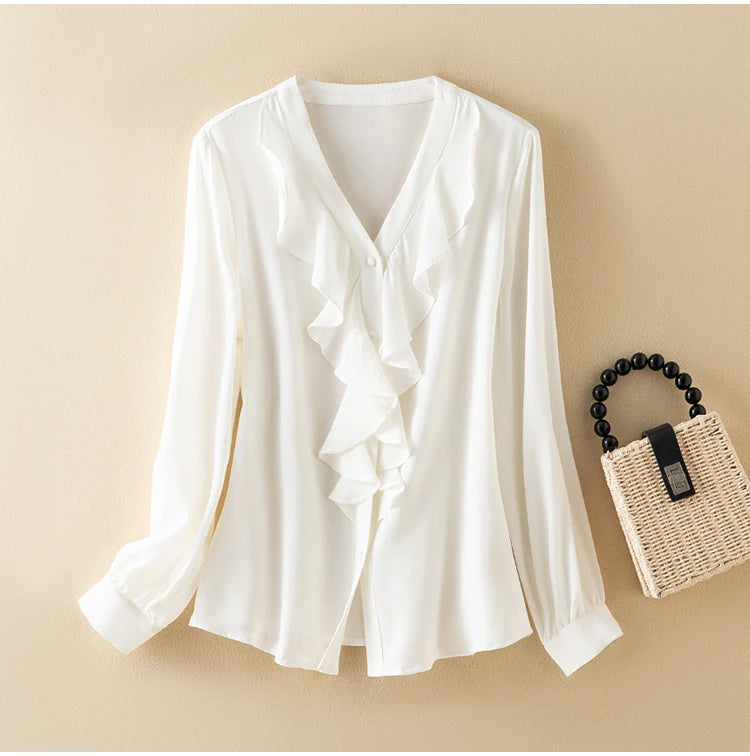 93% Mulberry Silk Ruffle V-Neck Button-Down Blouse – Women’s Long Sleeve Office Shirt