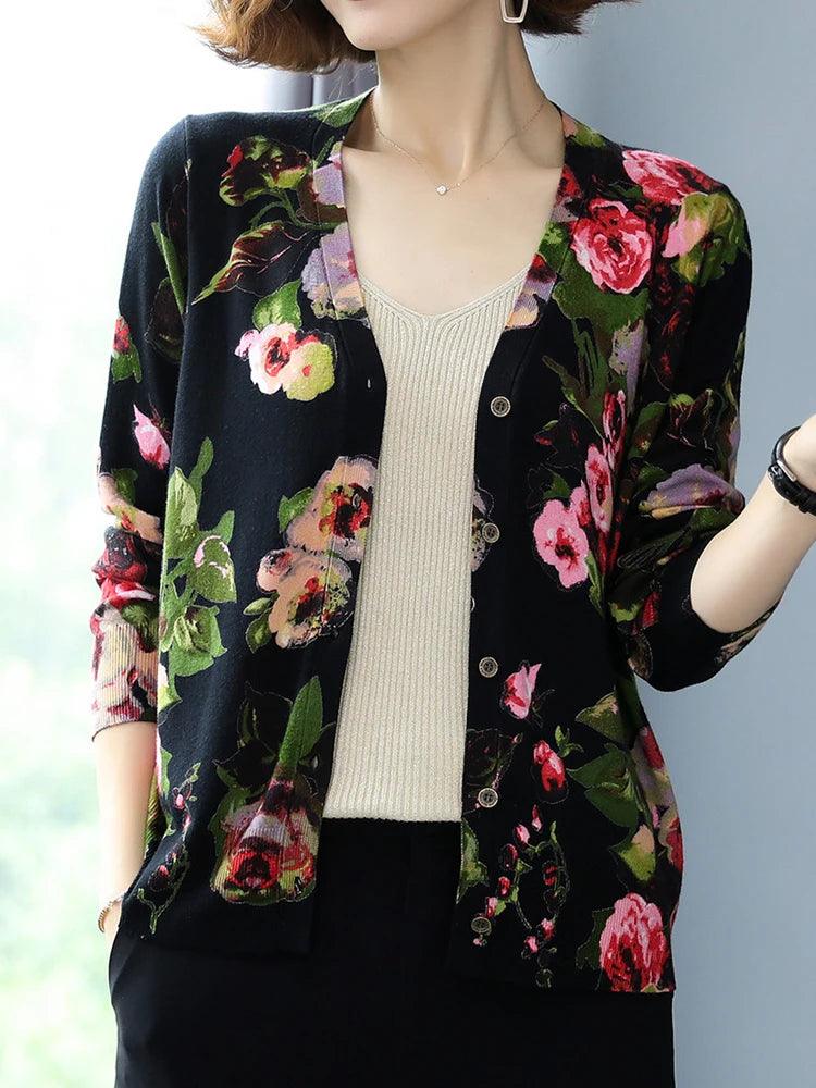 Women's Floral Print Cardigan - Casual Long Sleeve Knitwear, Single-Breasted, High Quality for Autumn