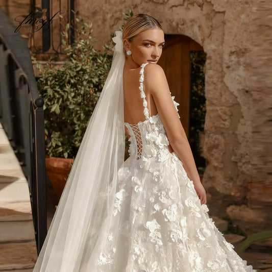 Luxury Square-Neck A-Line Lace Wedding Dress – Spaghetti Straps & 3D Floral Appliqués, Custom Made - HER SHOP®