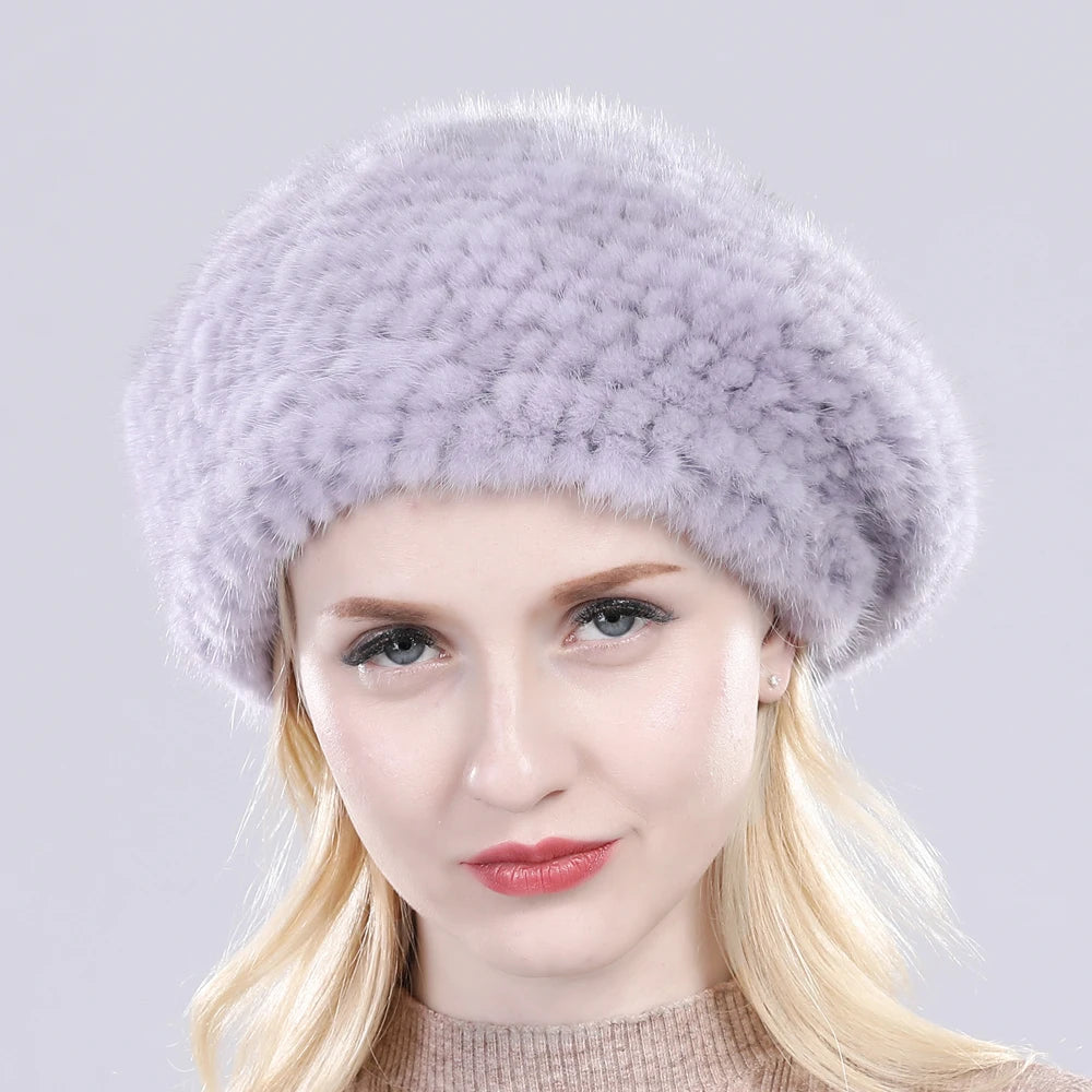Hot Sale Winter Lady Natural Mink Fur Beanies Hat Knit Warm Striped Genuine Mink Fur Caps Women Good Elastic Real Mink Fur Hat