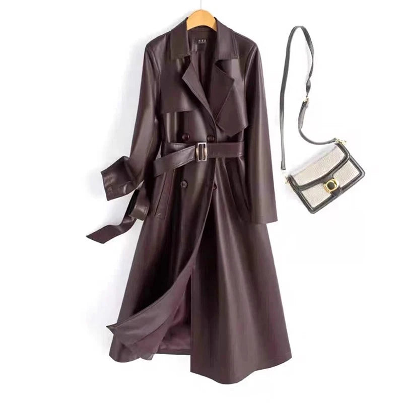 New Women Spring Autumn Split Leather Coat Fashion Turn-down Collar Double Breasted Leather Trench Elegant Long Female Coat - HER SHOP