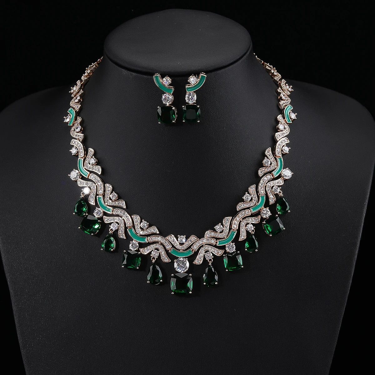Luxury Cubic Zirconia Jewelry Set White & Green Earrings and Necklace for Women | Bridal Wedding Jewelry Set