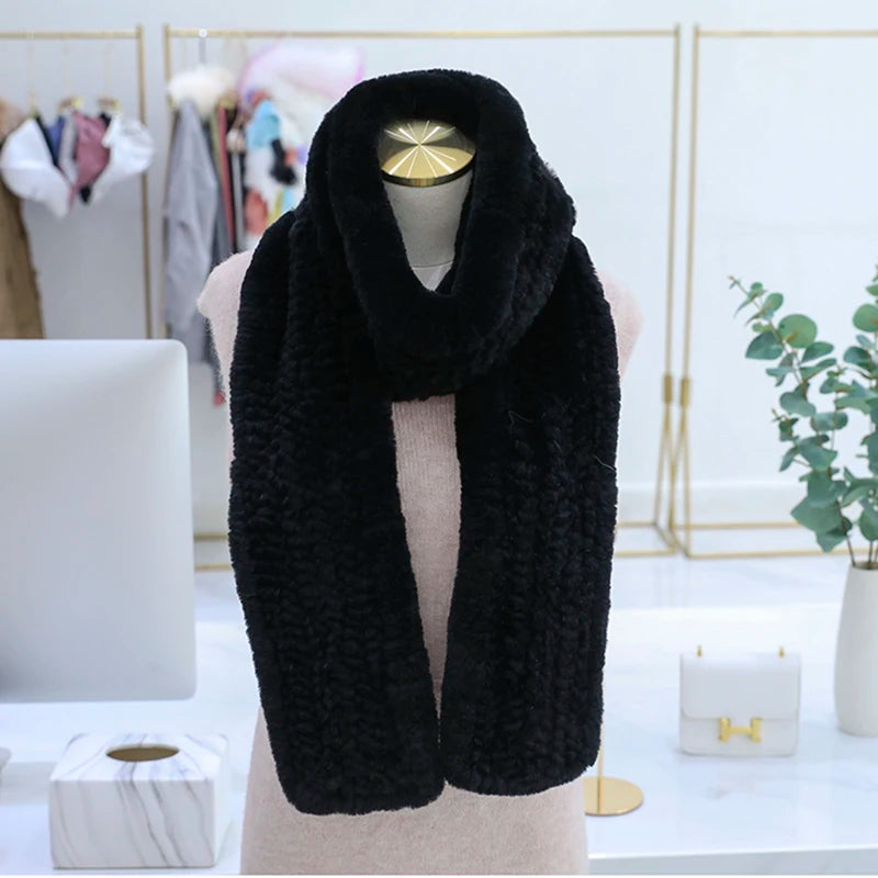 Women's Real Rex Rabbit Fur Knitted Winter Scarf– Luxury Wrap & Neck Warmer 170cm