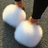 Extra Large Real Fox Raccoon Fur Slides - Designer Beach Sandals with Plush Furry Detailing for Women