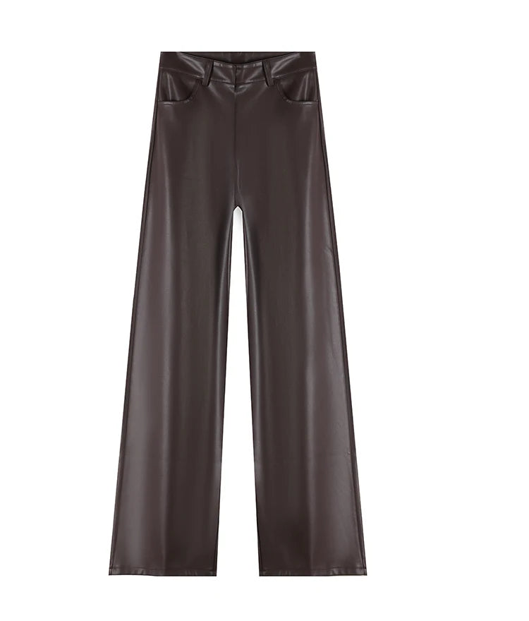 Fall Winter Fleece Loose Wide Leg Warm Leather Pants Women Button Pocket High Waist Thick PU Casual Straight Pants