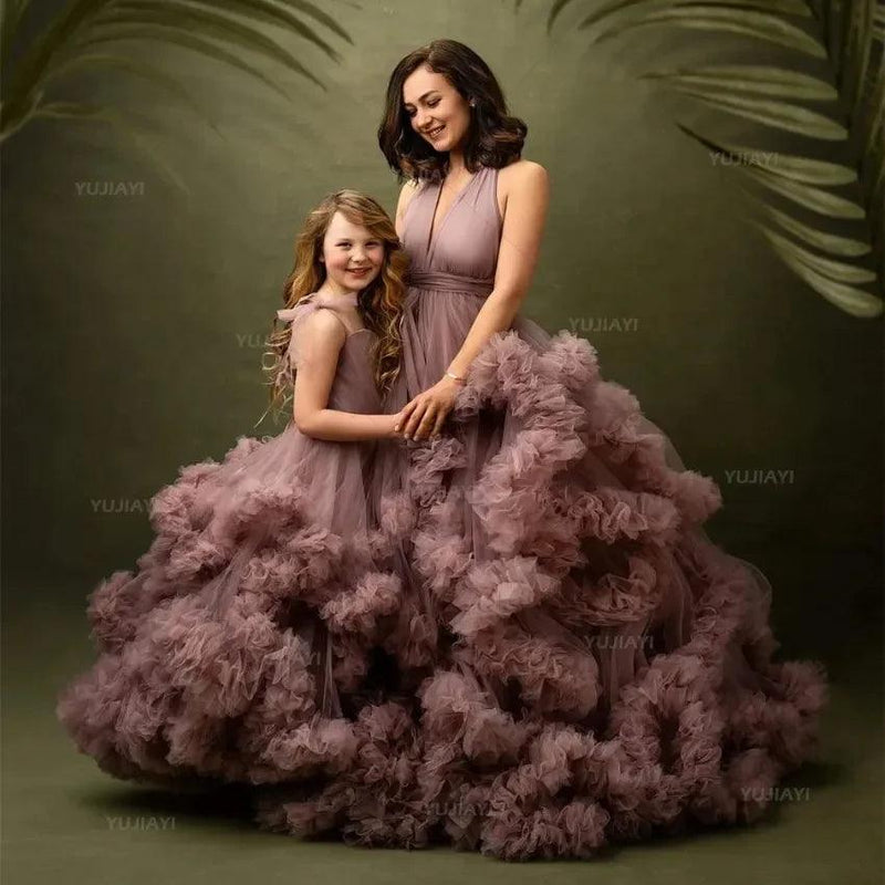 Mommy and Me Matching Dress Puffy Tulle Tiered Ruffles Mother and Daughter Dresses for Party or Photoshoot Family Look Ball Gown