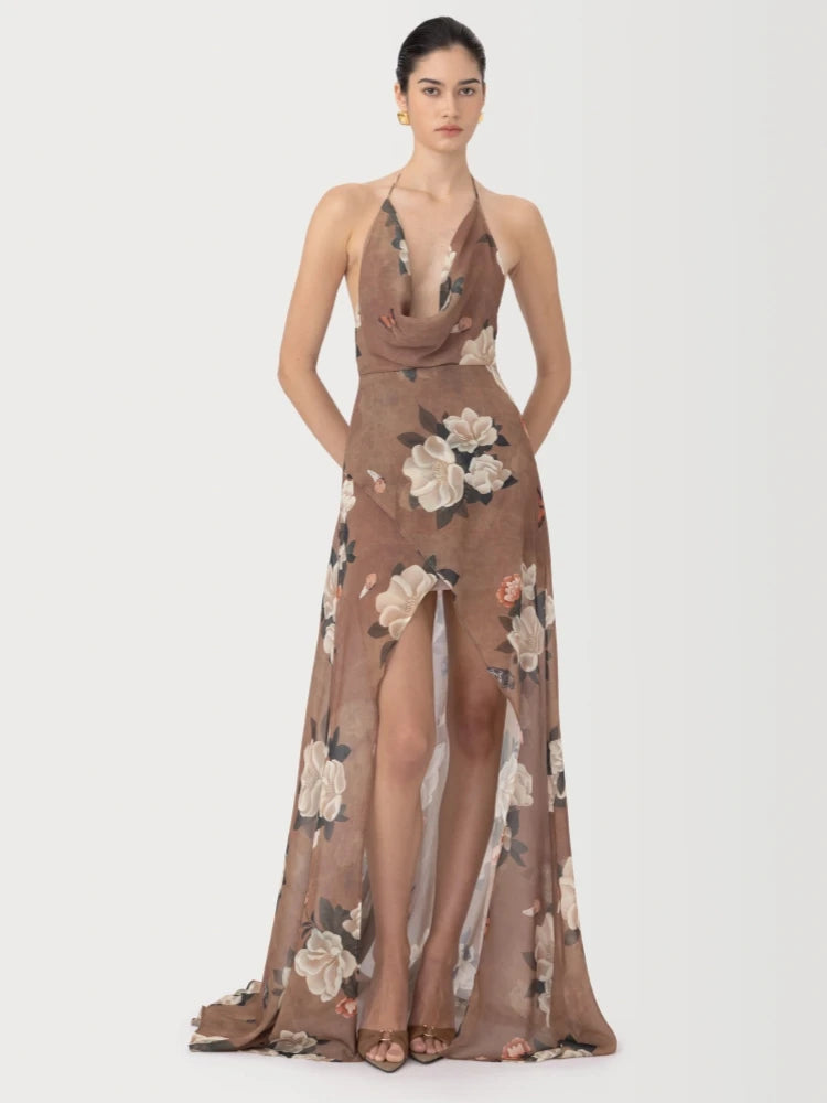 Halter Neck Printed Backless Asymmetrical Party Dress - Printed - Size S - HER SHOP