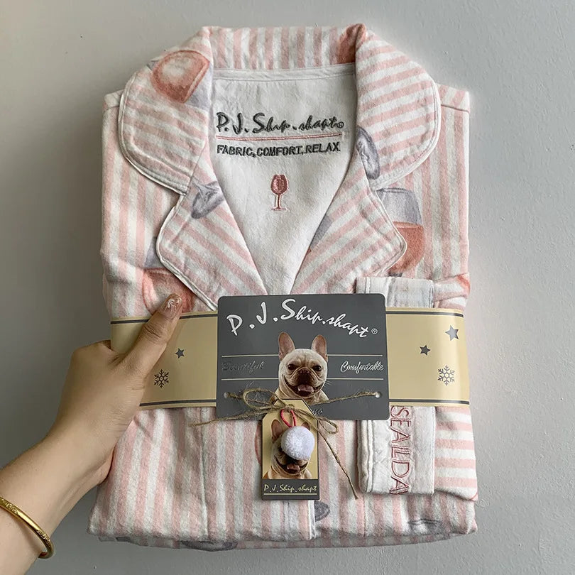 Women’s Cotton Cartoon Pajama Set – Long Sleeve Ankle-Length Pants Autumn Winter Homewear