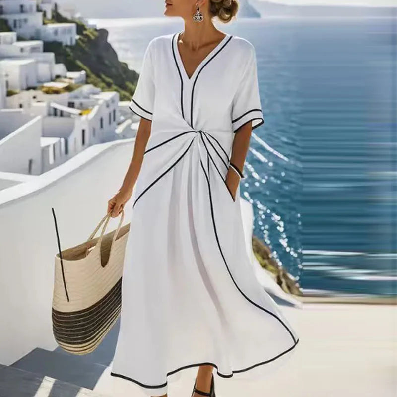 Elegant Striped Print V-Neck Maxi Dress – Short Sleeve Boho Casual Summer Beach A-Line
