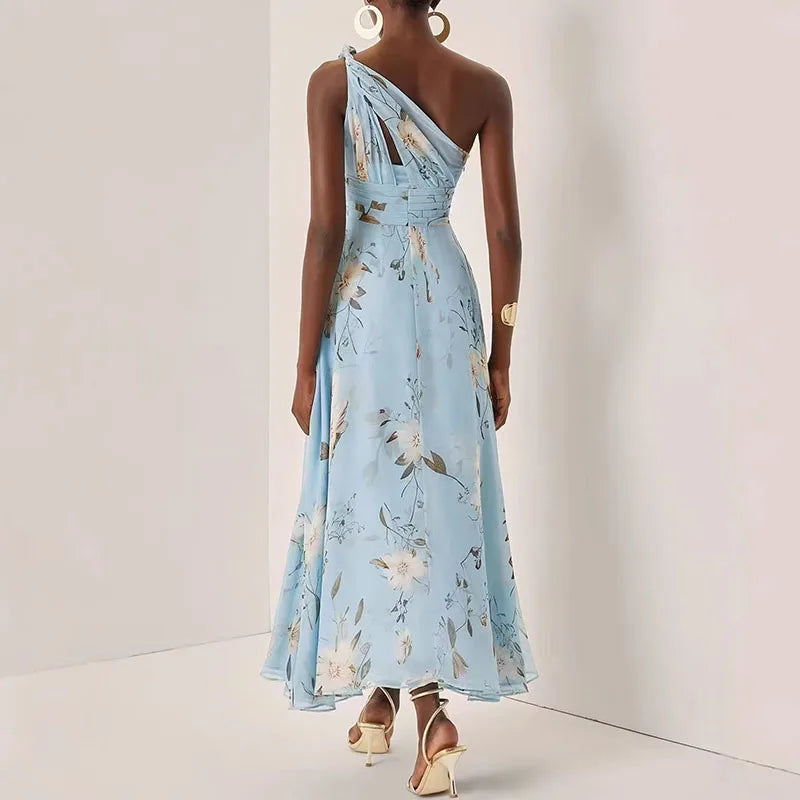 Skew Collar Backless Floral A-Line Summer Dress