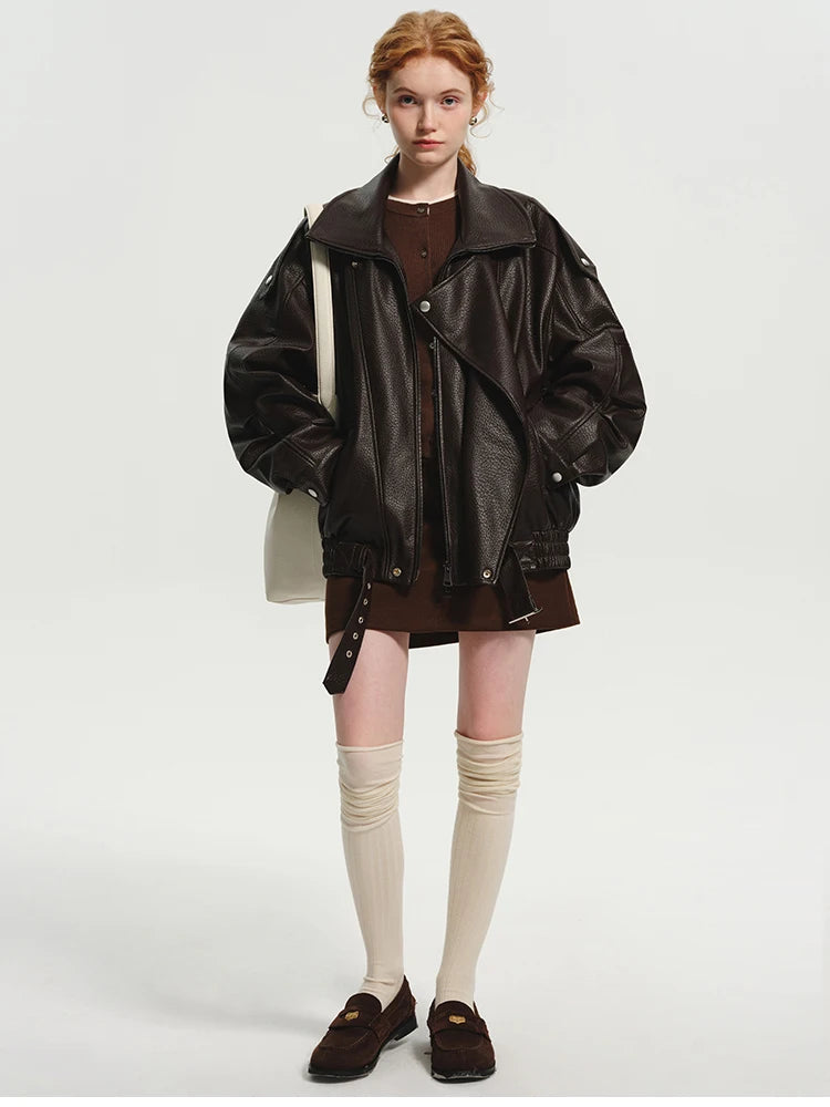 Women’s Oversized Brown PU Leather Jacket – Retro American Style, Long Sleeve Zip-Up, Luxury Designer-Inspired Outerwear for Spring & Autumn