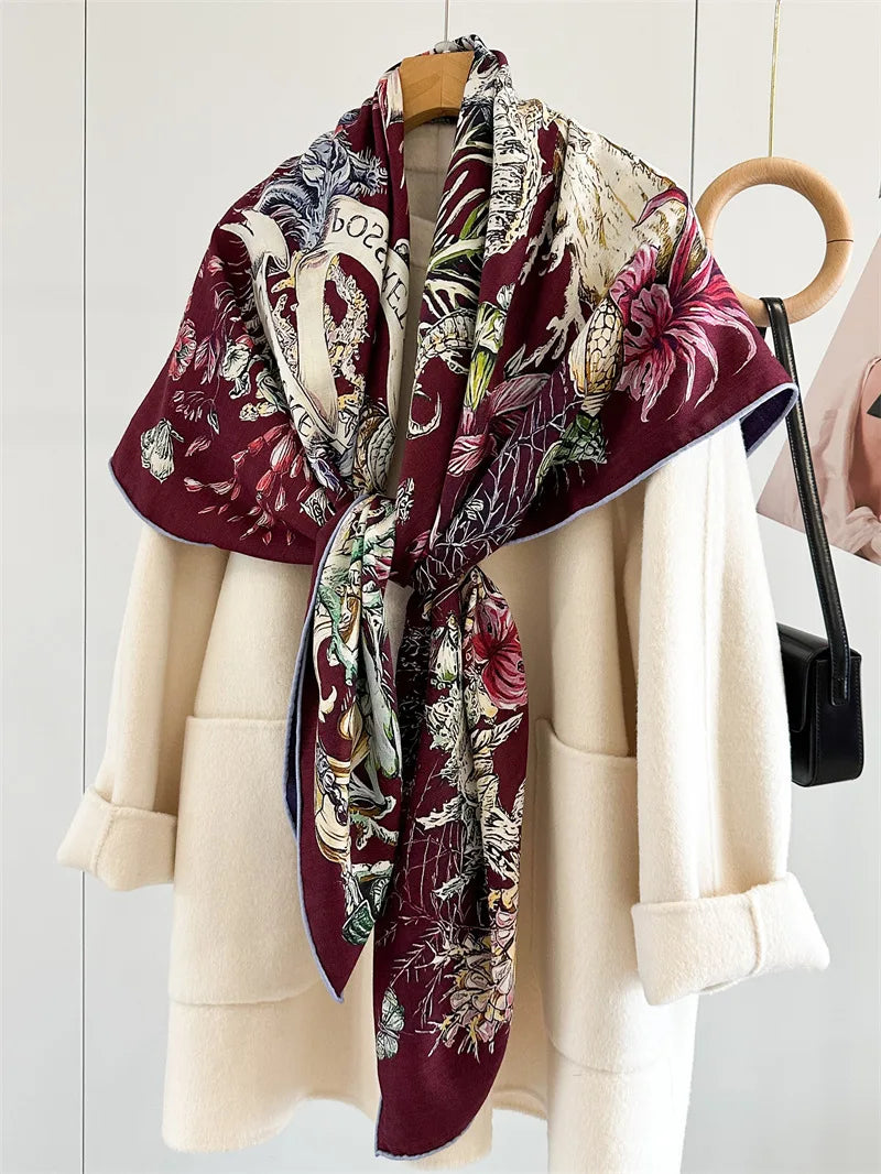 Winter Soft Scarf Double-Faced Printed Shawls Silk Wool Hand-rolled Edge Scarves Square Large Bandanas Shawls Christmas Gift
