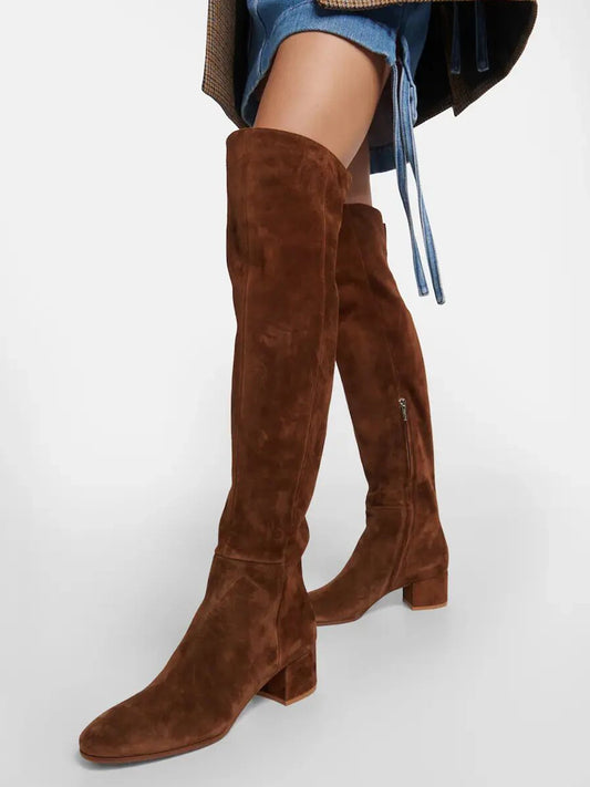 Plus Size Cow Suede Over-the-Knee High Heel Boots for Women – Retro Winter Long Boots with Zipper and Round Toe (Sizes 33–46) - HER SHOP