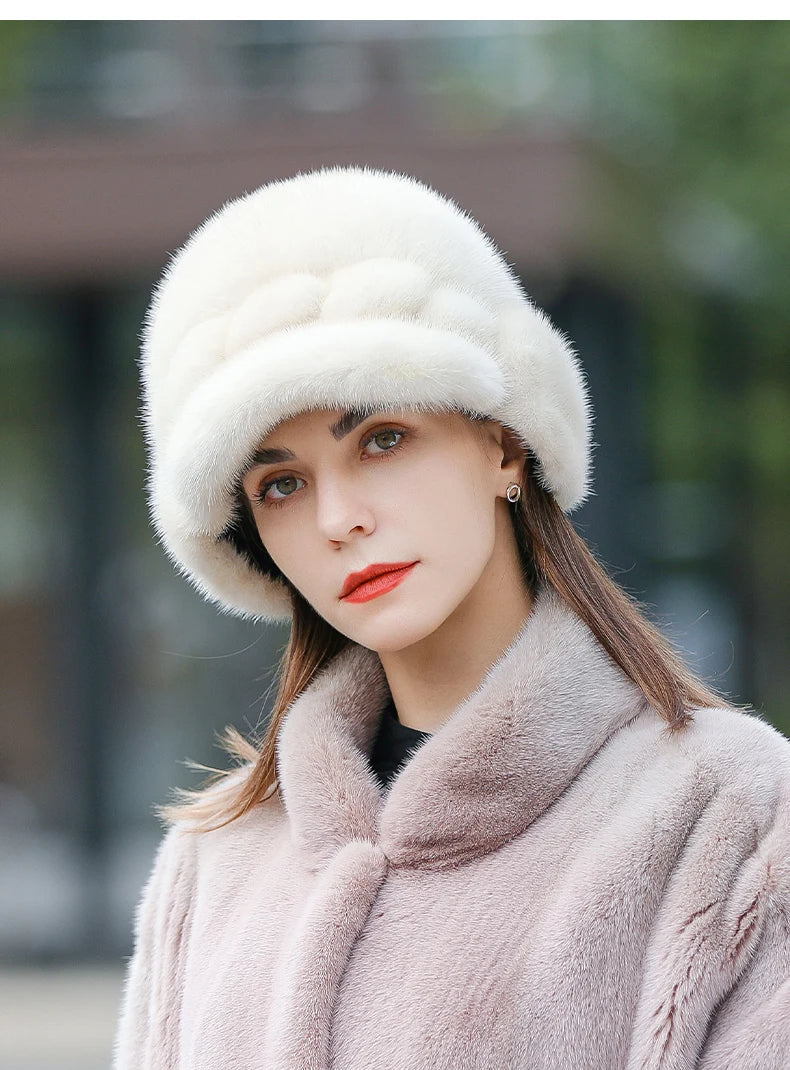 Real Mink Fur Hat for Women – Winter Thickened Whole Mink Fur Fisherman Hat with Ear Protection