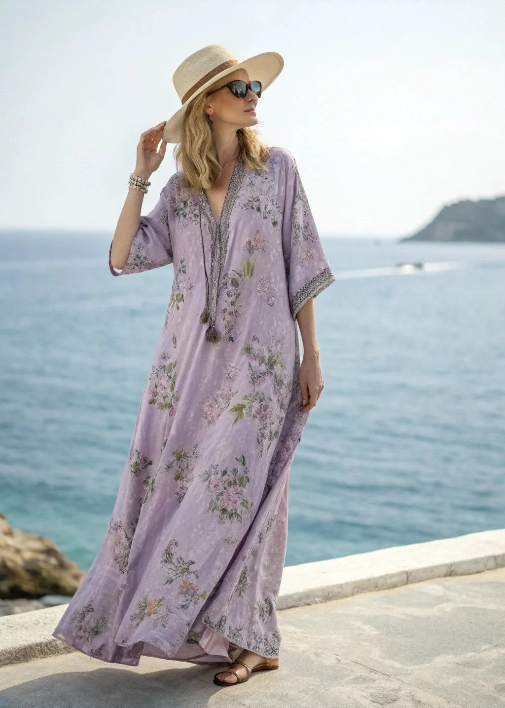 2026 Spring/Autumn Ethnic Print Maxi Dress V-Neck, Striped Contrast, Trumpet Sleeves, Loose Fit Vacation Long Dress for Women