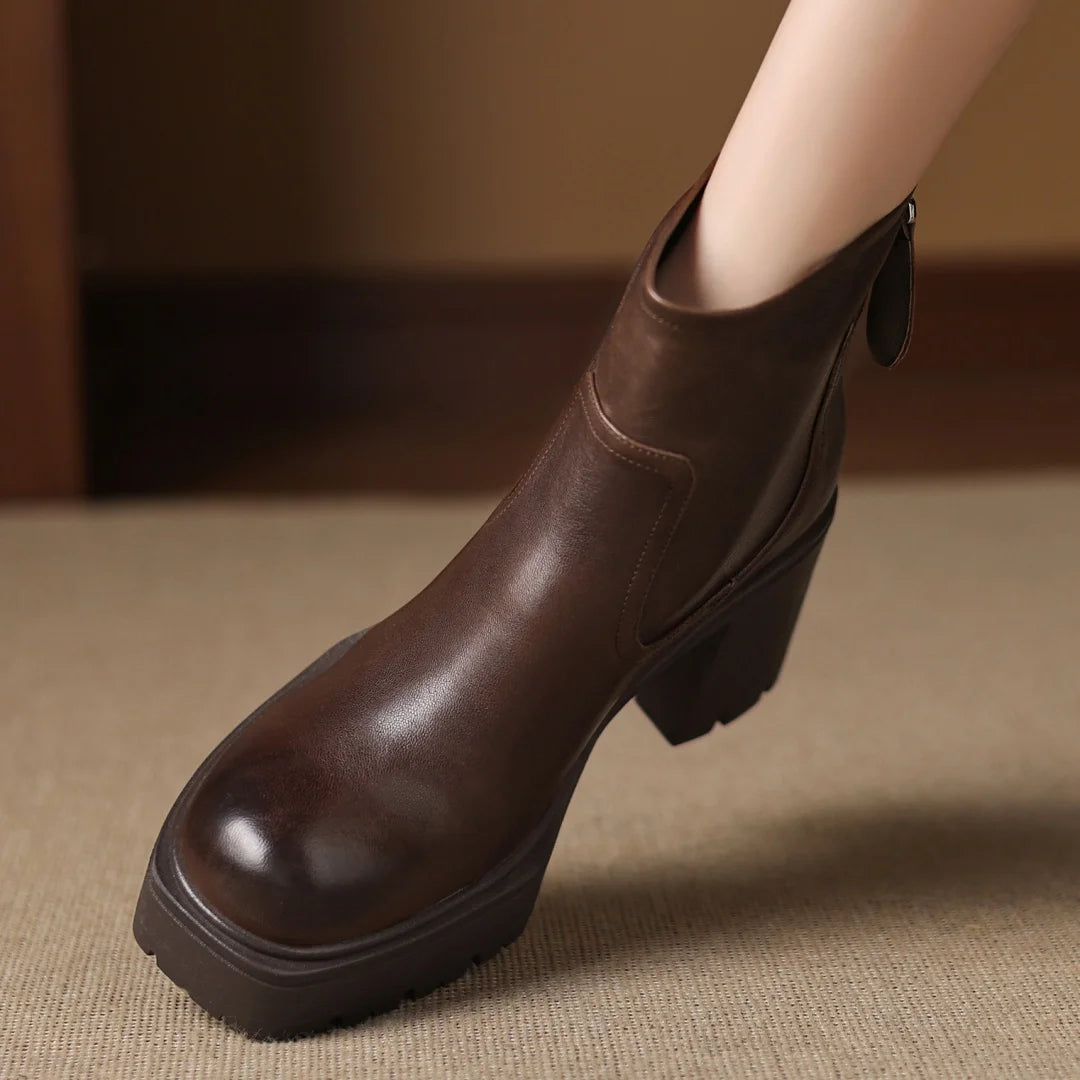 Women’s Genuine Leather Platform Ankle Boots with Chunky Heel – Round Toe Back Zip Punk Booties (8.5cm)
