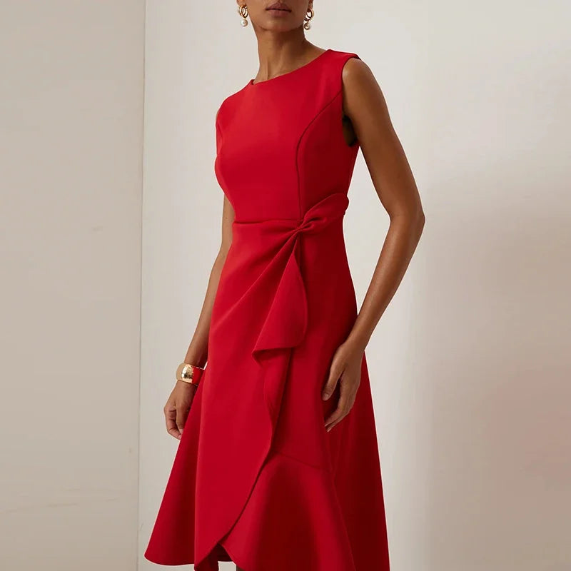 Women’s Sleeveless Ruffle A-Line Maxi Dress – Elegant O-Neck Irregular Hem Party, Evening, and Vacation Dress with Hollow-Out Detail