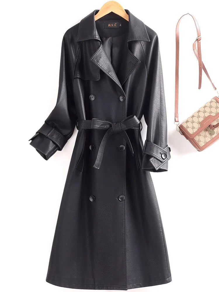 Product Title: Elegant Women'sSplit Leather Trench Coat  –  Double Breasted Slim Fit with Belt, Long Turn-Down Collar Coat for Autumn/Winter
