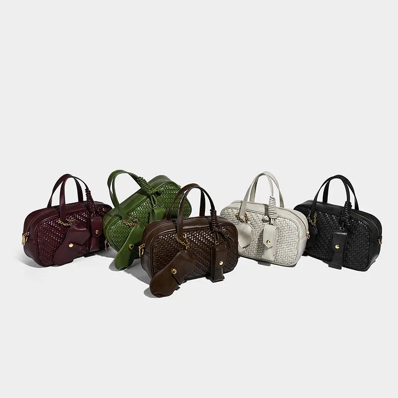 Women's Boston Bag 2025 Fall Winter New Woven Bowling Bag Unique Design Handheld Pack Trendy Light Luxury PU Leather Handbag