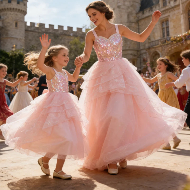 Mom and Daughter Glinda Pink Princess Costume – Matching Sequin Cosplay Dress for Halloween, Carnival & Dress-Up