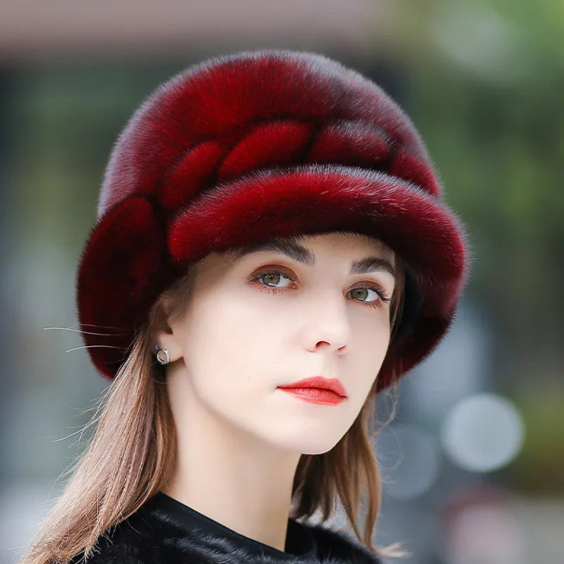 Real Mink Fur Hat for Women – Winter Thickened Whole Mink Fur Fisherman Hat with Ear Protection