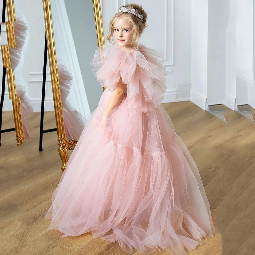 Light Pink Feather Flower Girl Dress - Tulle Puffy V-Back Princess Gown for Wedding, Birthday, First Communion