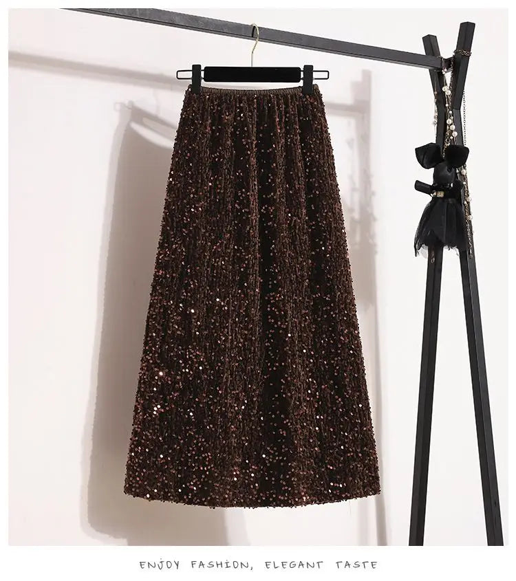 Sequin Elastic Waist A-Line Midi Skirt for Women – Casual Solid Color Summer Skirt