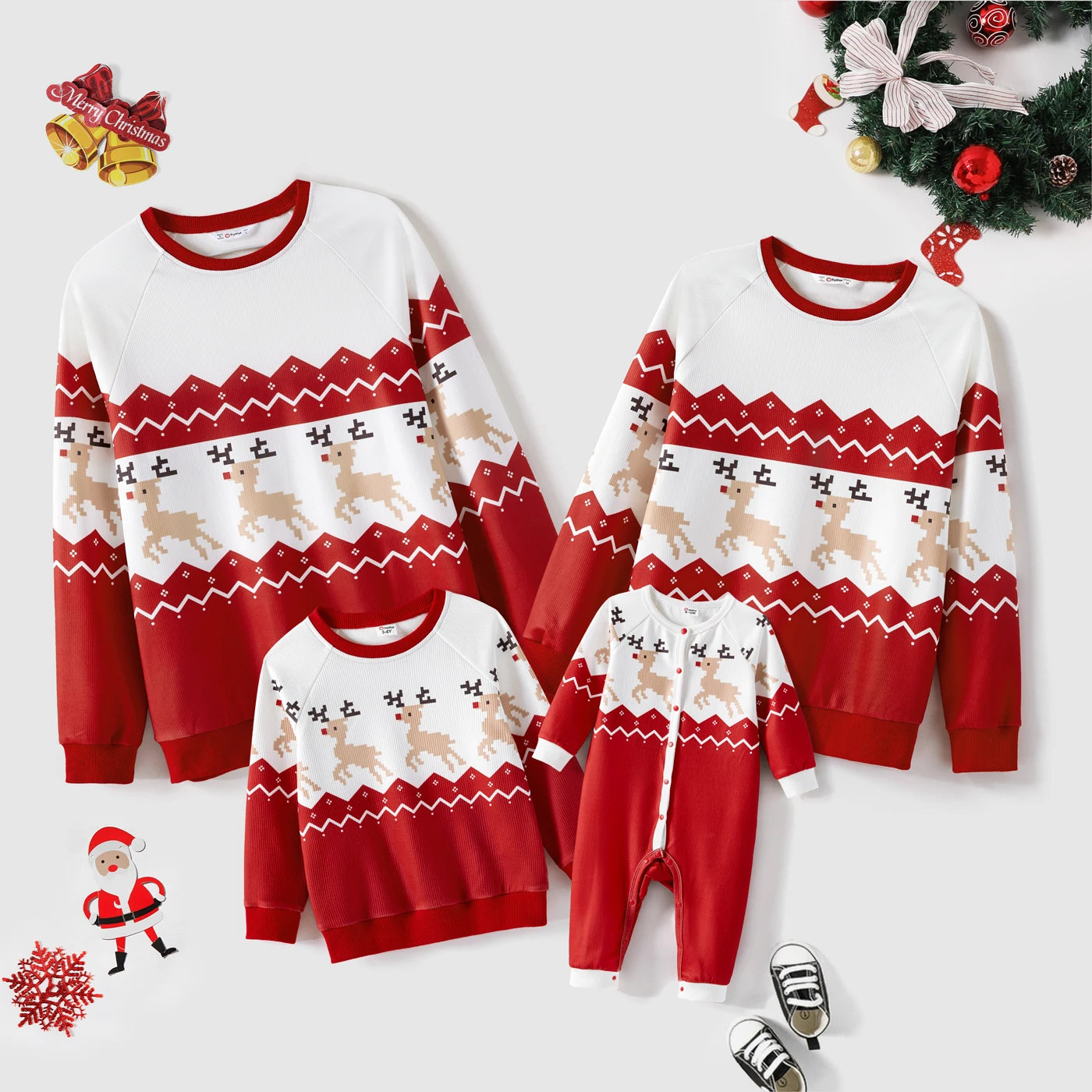 Christmas Family Matching Sweatshirts – Allover Reindeer Print Raglan Sleeve Tops | Holiday Family Outfits - HER SHOP