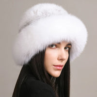 Luxury Knitted Mink Fur Hat with Real Fox Fur – Handmade Winter Fashion for Women