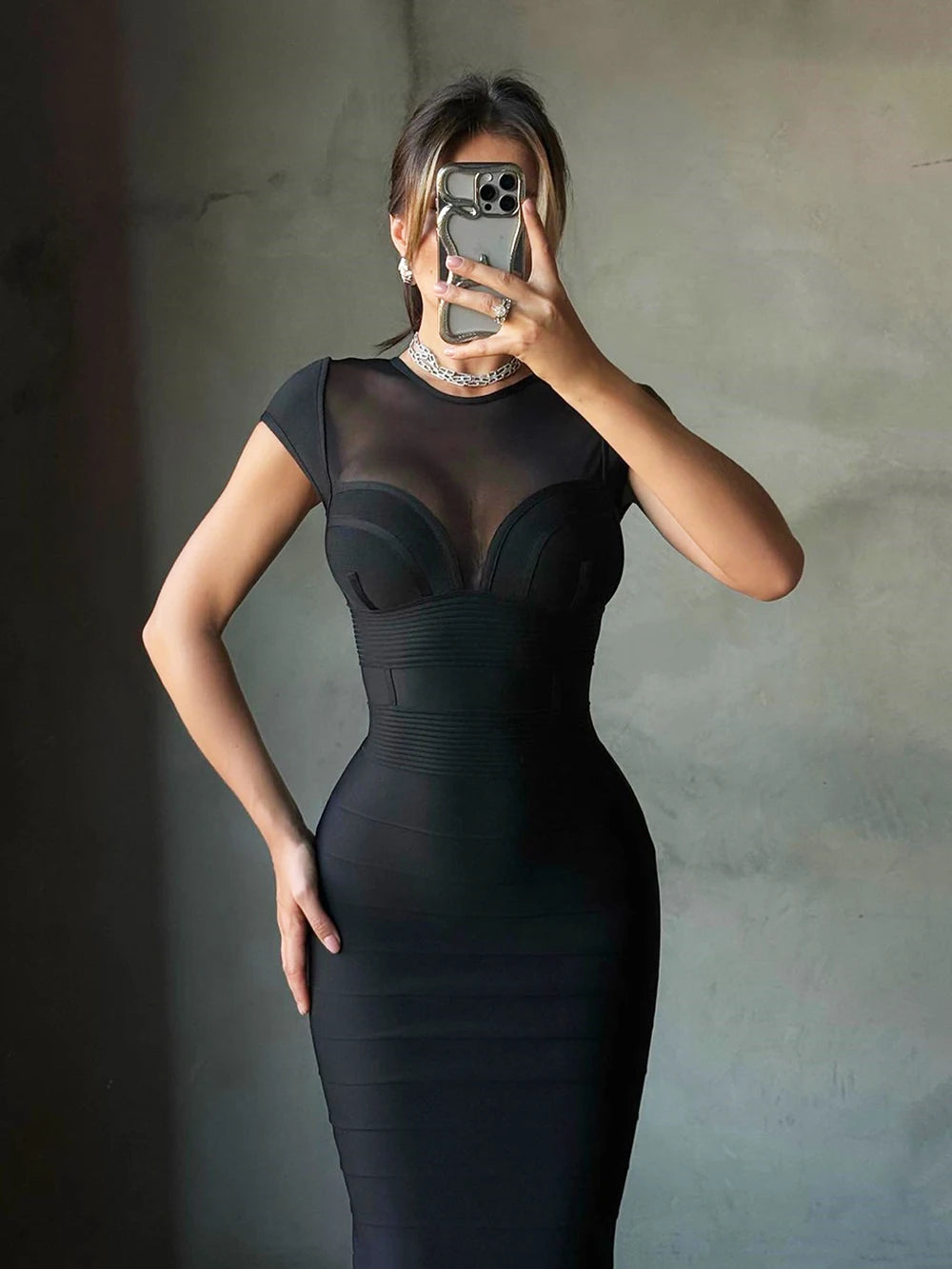 Black Burgundy Mesh Patchwork Bodycon Midi Bandage Dress – Women’s Elegant Club Party Dress - Black - Size M - HER SHOP