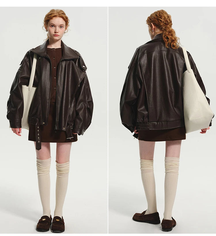 Women’s Oversized Brown PU Leather Jacket – Retro American Style, Long Sleeve Zip-Up, Luxury Designer-Inspired Outerwear for Spring & Autumn