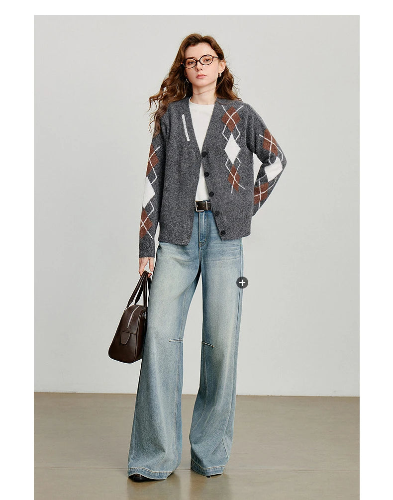 Women Knitted Sweater 2025 Autumn New Grid Pattern V Neck Single Breasted Button Knitted Cardigan Coat Gray