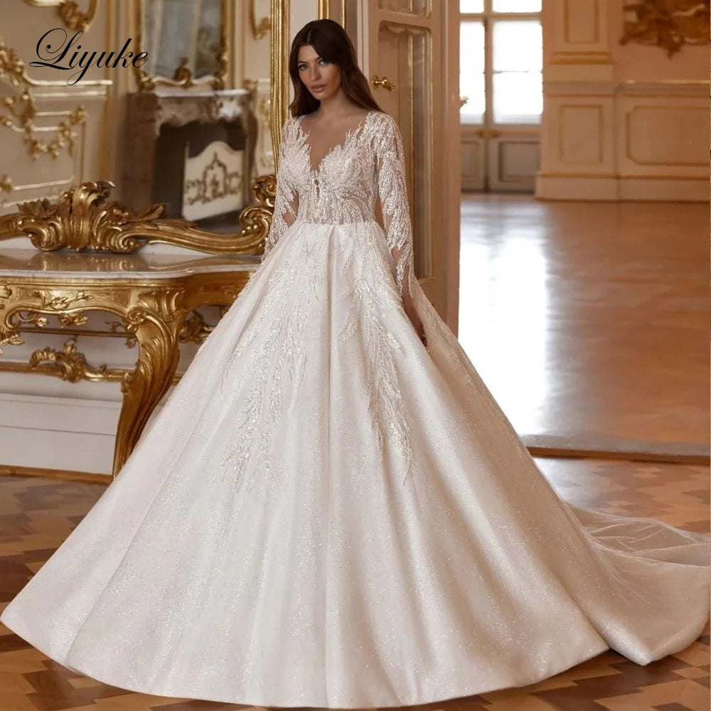 Liyuke Luxury Ball Gown V Neck Illusion Bodice Full Sleeves Beaded Lace with Pearls
