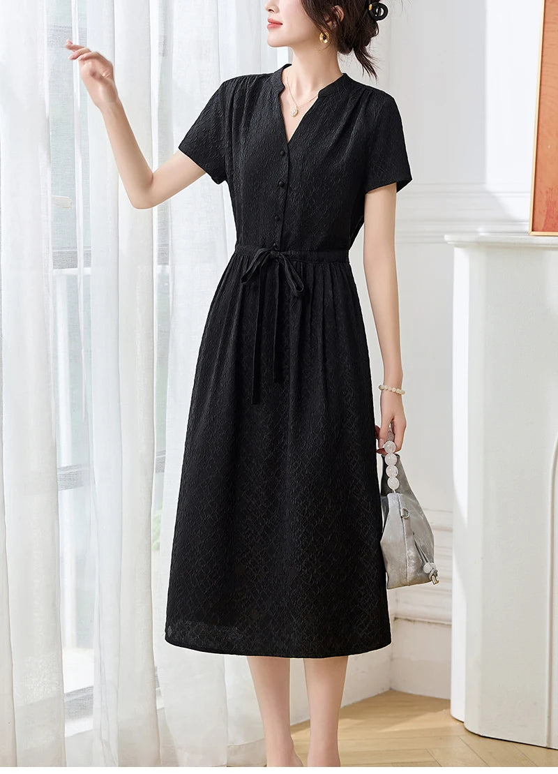 19 Momme Real Silk Elegant Fashion Dresses For Women 2026 Summer V-neck Short Sleeve Drawstring Office Lady Long Dress A-line