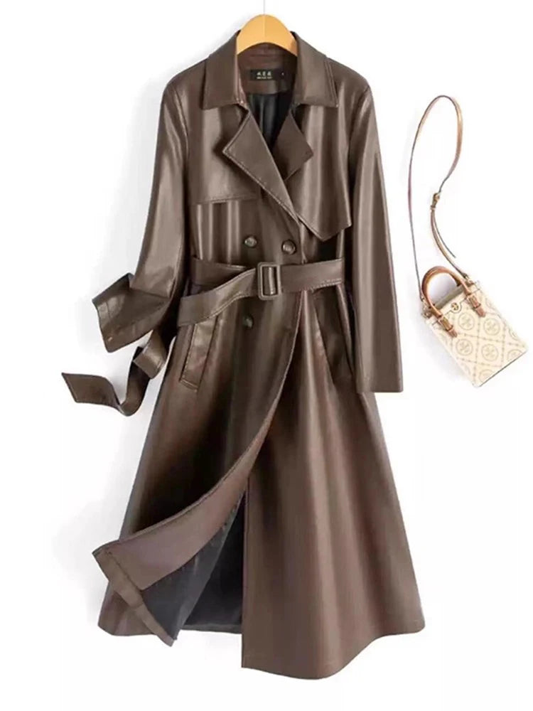 New Women Spring Autumn Split Leather Coat Fashion Turn-down Collar Double Breasted Leather Trench Elegant Long Female Coat