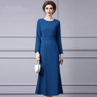 Elegant Designer Blue Long-Sleeve Midi Dress – Mermaid Style for Parties and Casual Wear