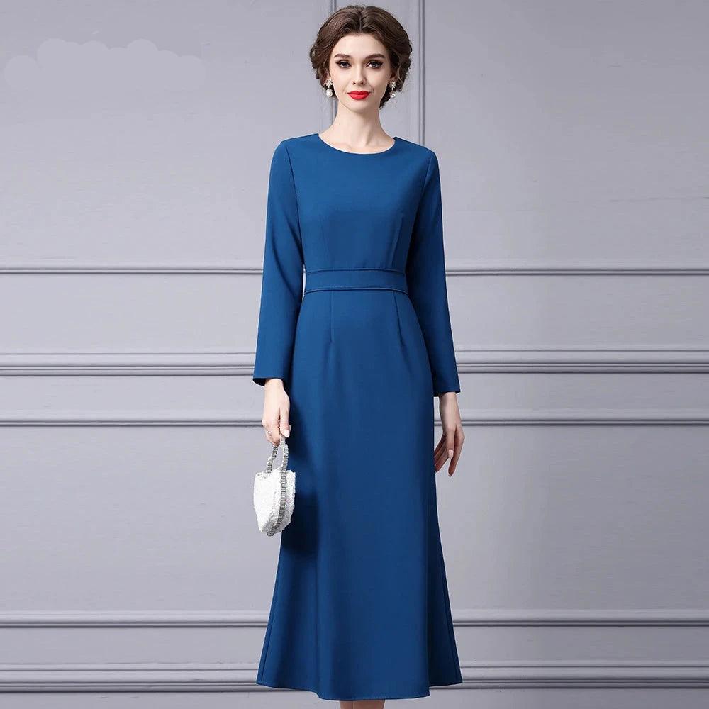 Elegant Designer Blue Long-Sleeve Midi Dress – Mermaid Style for Parties and Casual Wear - HER SHOP
