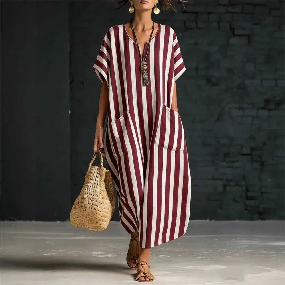 Striped V-Neck Loose Casual Summer Dress