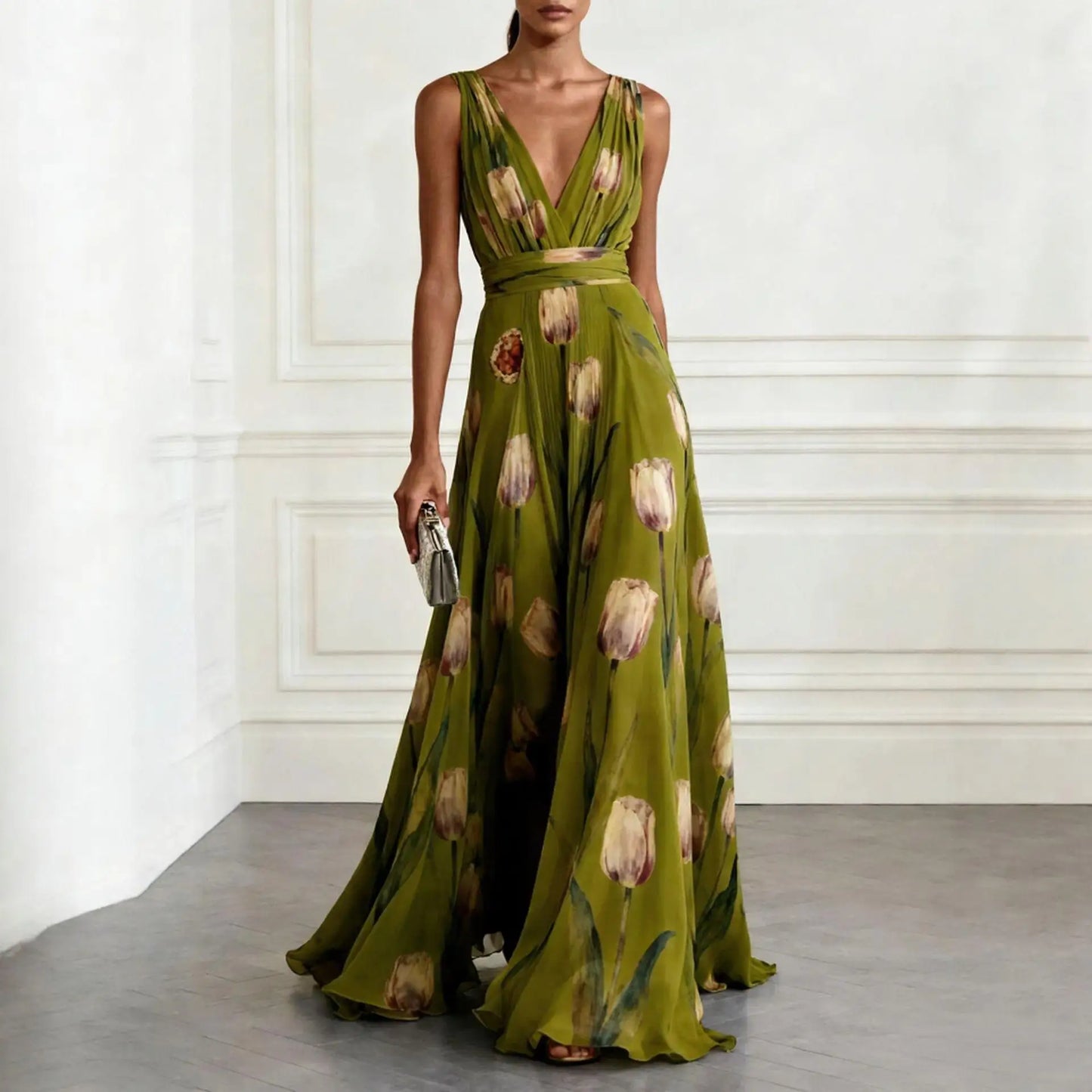 Blue Tulip Print Chiffon Maxi Dress – Sleeveless V-Neck Elegant Flowy Spring Summer Evening Gown