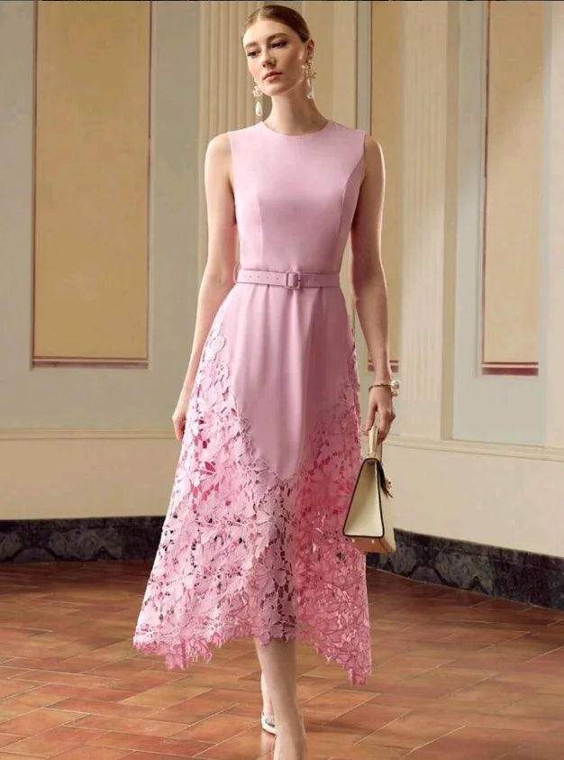 Customized Vintage Pink Lace Tea-Length Dress – Elegant O-Neck Sleeveless Satin Formal Party Dress with Belt