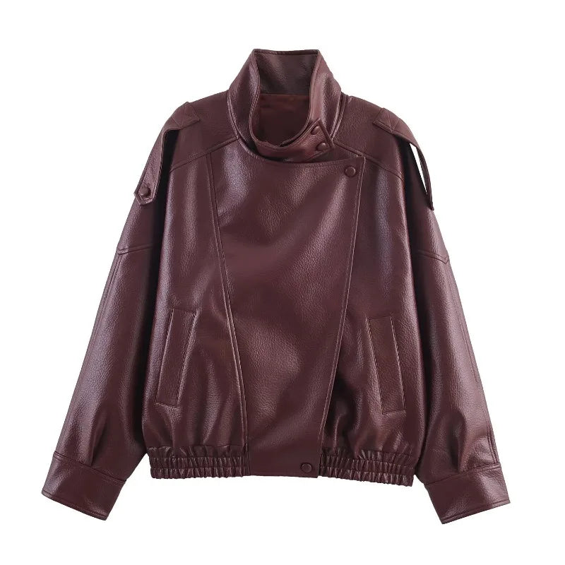 Trendy Solid PU Leather Moto Jacket for Women – Winter 2025 Turtleneck Retro Asymmetrical Vintage Coat